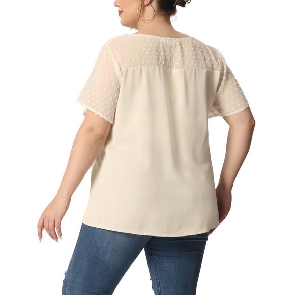 Plus Size Tops Round Neck Short Sleeves Polka Dots Lace Panel Blouses Beige - Picture 4 of 6